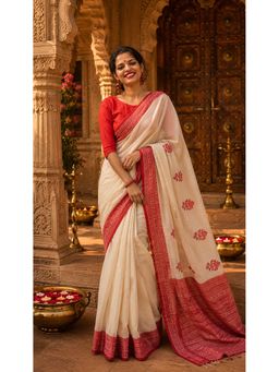 AMRUTKALA SAREES - White Cotton Silk Kanjivaram Saree with Unstitched Blouse
