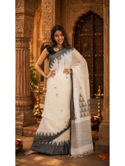 AMRUTKALA SAREES - White Cotton Silk Kanjivaram Saree with Unstitched Blouse