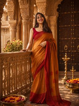 AMRUTKALA SAREES - Orange Cotton Silk Kanjivaram Saree with Unstitched Blouse