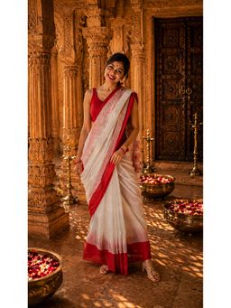 AMRUTKALA SAREES - White Cotton Silk Kanjivaram Saree with Unstitched Blouse