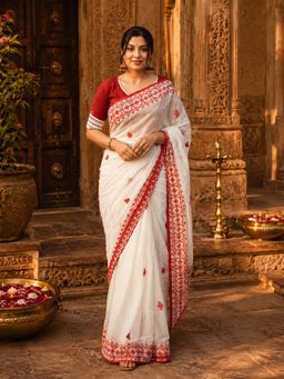 AMRUTKALA SAREES - White Cotton Silk Kanjivaram Saree with Unstitched Blouse