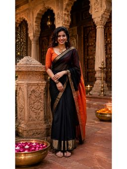 AMRUTKALA SAREES - Black Cotton Silk Kanjivaram Saree with Unstitched Blouse