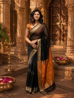 AMRUTKALA SAREES - Black Cotton Silk Kanjivaram Saree with Unstitched Blouse