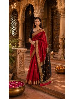 AMRUTKALA SAREES - Red Cotton Silk Kanjivaram Saree with Unstitched Blouse