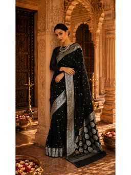 AMRUTKALA SAREES - Black Cotton Silk Kanjivaram Saree with Unstitched Blouse