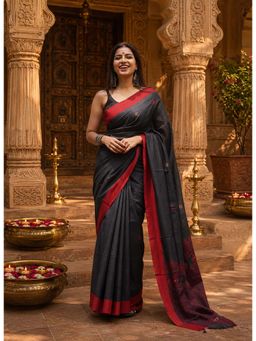 AMRUTKALA SAREES - Black Cotton Silk Kanjivaram Saree with Unstitched Blouse