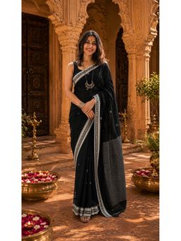 AMRUTKALA SAREES - Black Cotton Silk Kanjivaram Saree with Unstitched Blouse