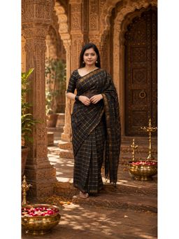 AMRUTKALA SAREES - Black Cotton Silk Kanjivaram Saree with Unstitched Blouse