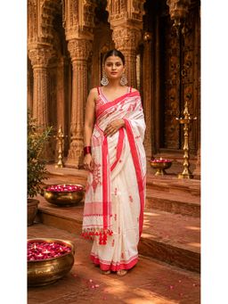 AMRUTKALA SAREES - White Cotton Silk Kanjivaram Saree with Unstitched Blouse