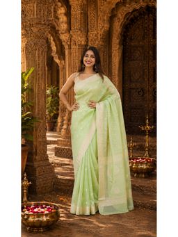 AMRUTKALA SAREES - Green Cotton Silk Kanjivaram Saree with Unstitched Blouse