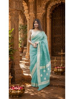 AMRUTKALA SAREES - Teal Cotton Silk Kanjivaram Saree with Unstitched Blouse