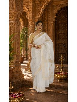AMRUTKALA SAREES - White Cotton Silk Kanjivaram Saree with Unstitched Blouse
