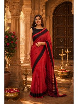 AMRUTKALA SAREES - Red Cotton Silk Kanjivaram Saree with Unstitched Blouse