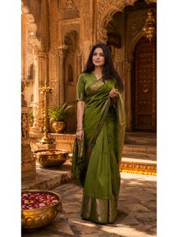 AMRUTKALA SAREES - Green Cotton Silk Kanjivaram Saree with Unstitched Blouse