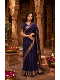 AMRUTKALA SAREES - Navy Blue Cotton Silk Kanjivaram Saree with Unstitched Blouse