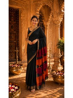 AMRUTKALA SAREES - Black Cotton Silk Kanjivaram Saree with Unstitched Blouse