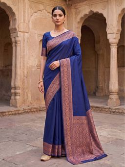 Anjaneya Sarees - Navy Blue Banarasi Silk Kanjivaram Saree with Unstitched Blouse