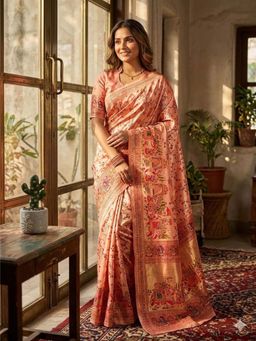 Odette - Orange Silk Blend Woven Saree with Unstitched Blouse
