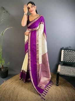 Odette - Purple Silk Blend Woven Saree with Unstitched Blouse