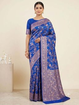 Odette - Royal Blue Silk Blend Woven Saree with Unstitched Blouse