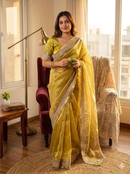 Odette - Yellow Silk Blend Woven Saree with Unstitched Blouse