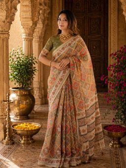 Anjaneya Sarees - Multi-Colour Linen Printed Saree with Unstitched Blouse