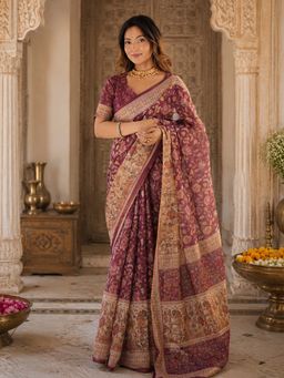 Anjaneya Sarees - Purple Linen Printed Saree with Unstitched Blouse