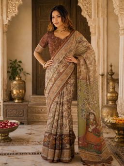 Anjaneya Sarees - Beige Linen Printed Saree with Unstitched Blouse