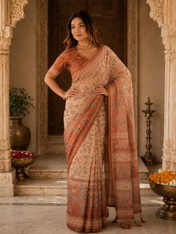Anjaneya Sarees - Peach Linen Printed Saree with Unstitched Blouse