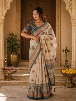 Anjaneya Sarees - Beige Linen Printed Saree with Unstitched Blouse
