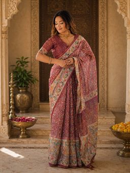 Anjaneya Sarees - Peach Linen Printed Saree with Unstitched Blouse