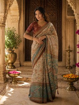 Anjaneya Sarees - Beige Linen Printed Saree with Unstitched Blouse
