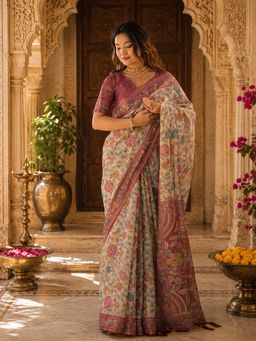 Anjaneya Sarees - Peach Linen Printed Saree with Unstitched Blouse