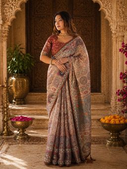 Anjaneya Sarees - Beige Linen Printed Saree with Unstitched Blouse