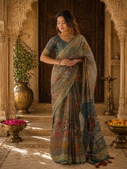 Anjaneya Sarees - Green Linen Printed Saree with Unstitched Blouse