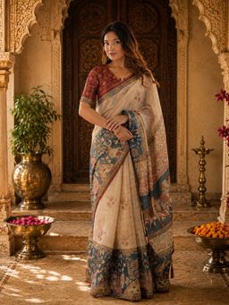 Anjaneya Sarees - Beige Linen Printed Saree with Unstitched Blouse