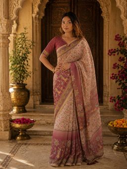Anjaneya Sarees - Peach Linen Printed Saree with Unstitched Blouse