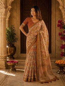 Anjaneya Sarees - Peach Linen Printed Saree with Unstitched Blouse
