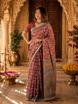 Anjaneya Sarees - Maroon Linen Printed Saree with Unstitched Blouse