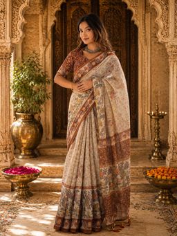 Anjaneya Sarees - Beige Linen Printed Saree with Unstitched Blouse