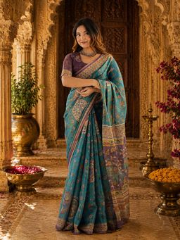Anjaneya Sarees - Green Linen Printed Saree with Unstitched Blouse