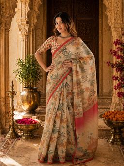 Anjaneya Sarees - Beige Linen Printed Saree with Unstitched Blouse