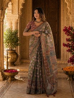 Anjaneya Sarees - Green Linen Printed Saree with Unstitched Blouse