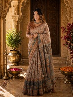 Anjaneya Sarees - Beige Linen Printed Saree with Unstitched Blouse