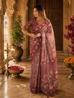 Anjaneya Sarees - Pink Linen Printed Saree with Unstitched Blouse