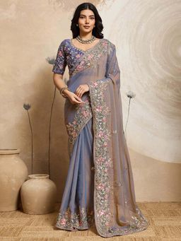 Odette - Dusty Lavender Chiffon Lace Work Saree with Unstitched Blouse