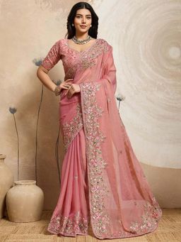 Odette - Peach Chiffon Lace Work Saree with Unstitched Blouse