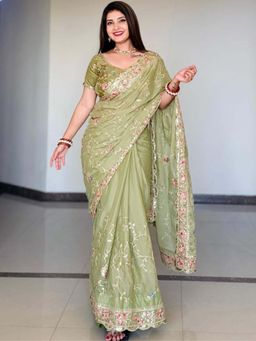 Odette - Green Georgette Cut Work Saree with Unstitched Blouse