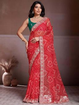 Odette - Red Georgette Work Saree with Unstitched Blouse