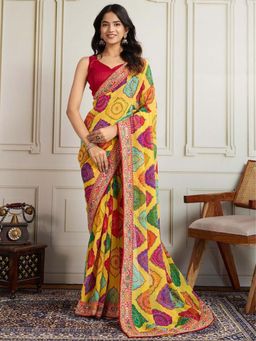 Odette - Multi-Colour Georgette Lace Work Saree with Unstitched Blouse